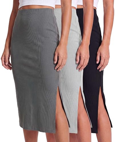 3 Pack Women's Ribbed Midi Skirts High Waisted Pencil Knee Length Work Slit | 5% Spandex Stretch, Stretchy Fitted Curvy, Office Business Casual, Summer Comfy Straight, Long Knit Pockets
