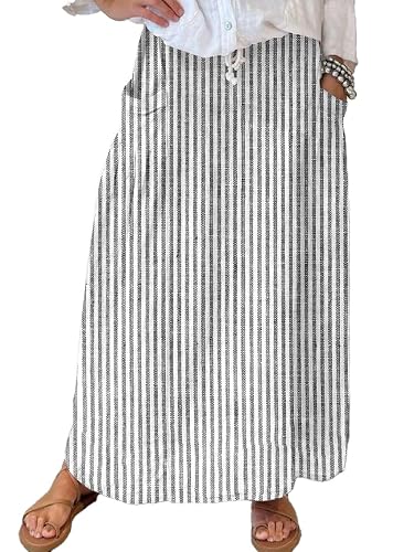 Women's Vertical Striped High Waist Maxi Skirt | Vintage Floral Cotton Long Skirt with Pockets